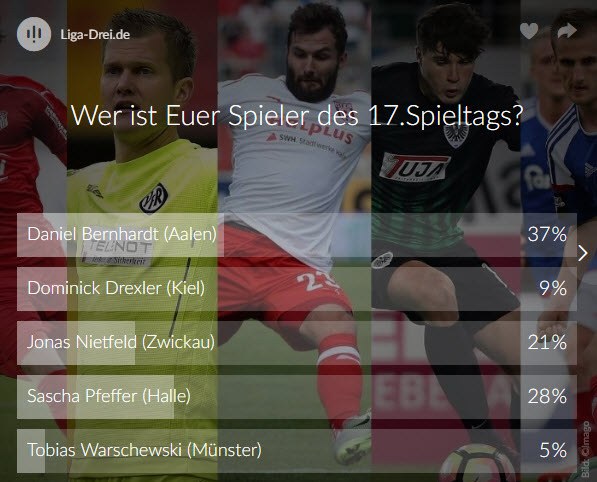 spieler des 17.spieltags, voting, ergebnis Screenshot vom Ergebnis des Spieler des 17. Spieltags Voting der 3. Liga