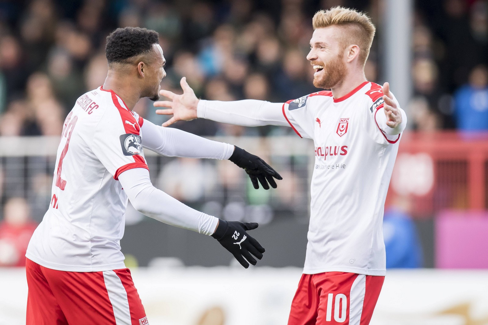 3. liga, hallescher fc, mathias fetsch Mathias Fetsch (r.) jubelt mit Marvin Ajani.