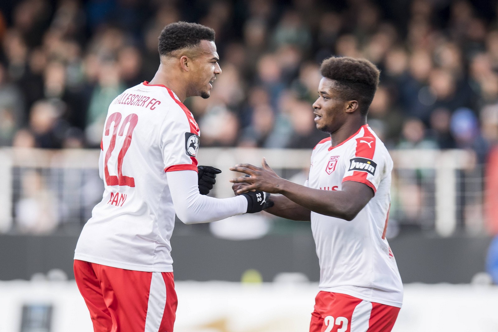 3. liga, hallescher fc, marvin ajani, braydon manu Marvin Ajani (l.) und Braydon Manu jubeln gegen Münster.